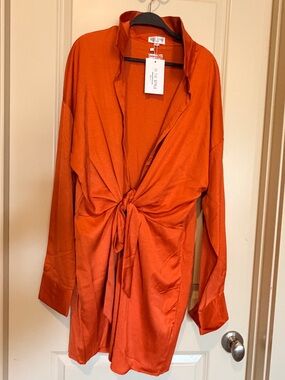 In the Style Tie-Front Satin Shirt Dress in Burnt Orange